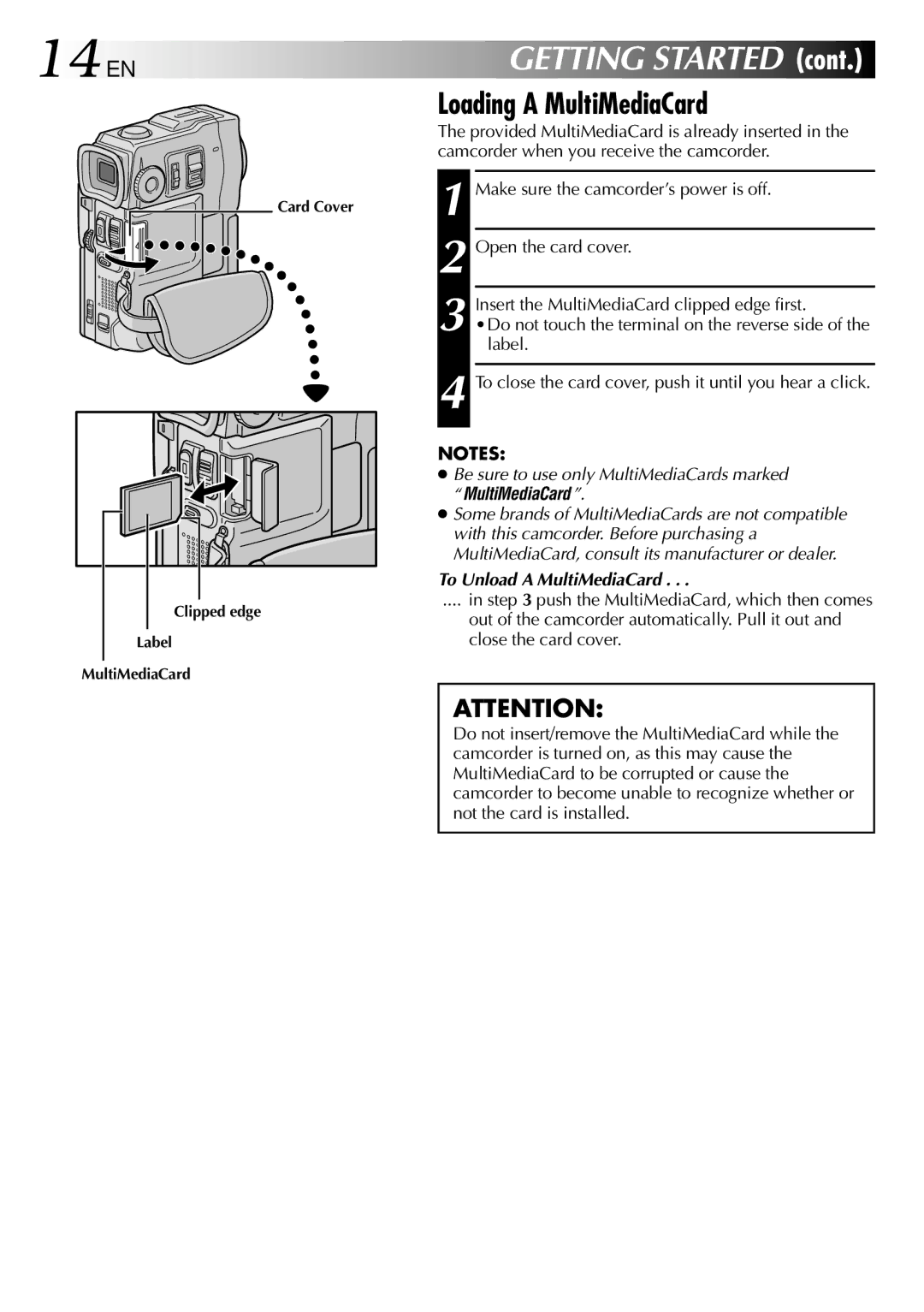 JVC GR-DVM90 specifications 14 EN, Loading a MultiMediaCard, To Unload a MultiMediaCard 