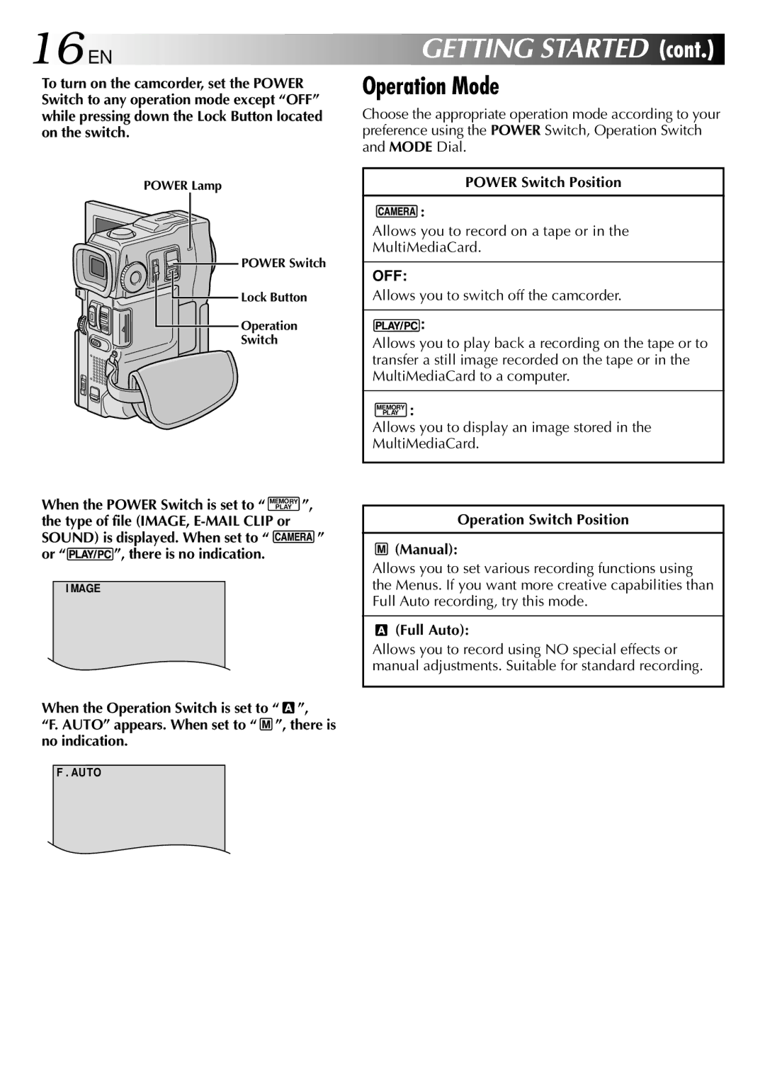 JVC GR-DVM90 specifications 16 EN, Operation Mode, Power Switch Position, Operation Switch Position Manual, Full Auto 