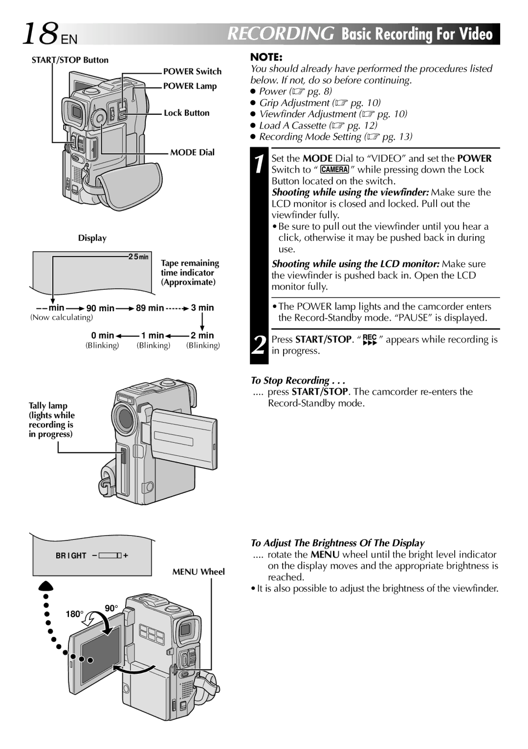 JVC GR-DVM90 specifications 18 EN, Press START/STOP, To Stop Recording, To Adjust The Brightness Of The Display 