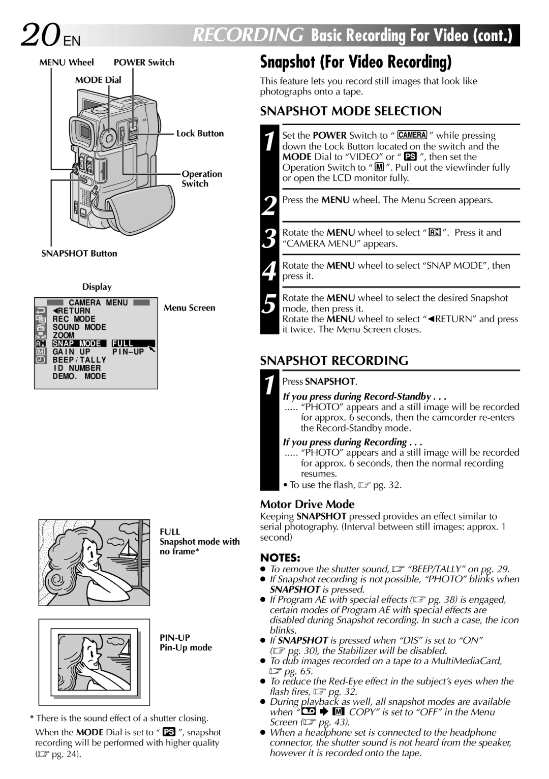 JVC GR-DVM90 specifications Snapshot For Video Recording, Snapshot Mode Selection, Snapshot Recording, Motor Drive Mode 