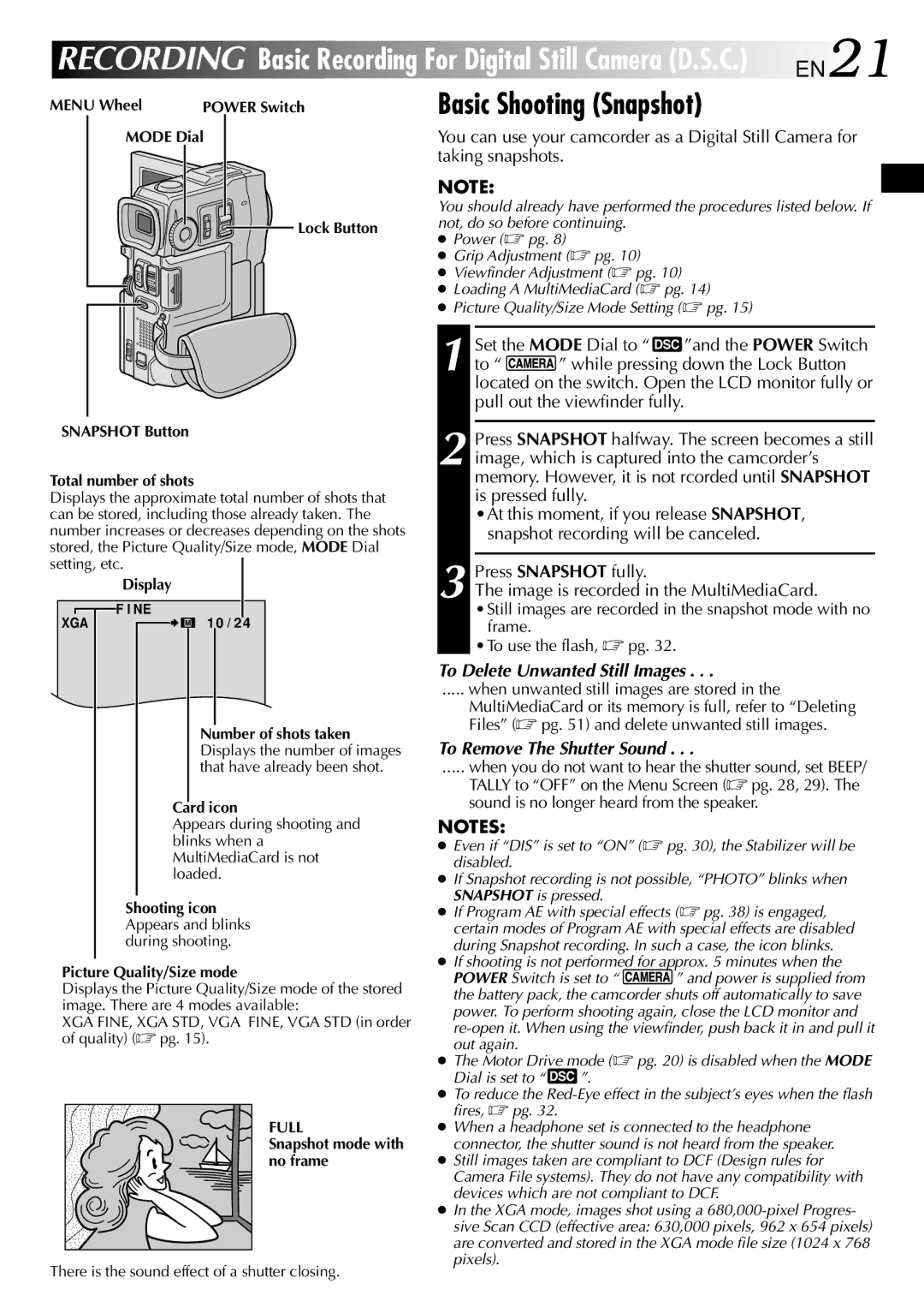 JVC GR-DVM90 specifications Basic Shooting Snapshot, To Delete Unwanted Still Images, To Remove The Shutter Sound 