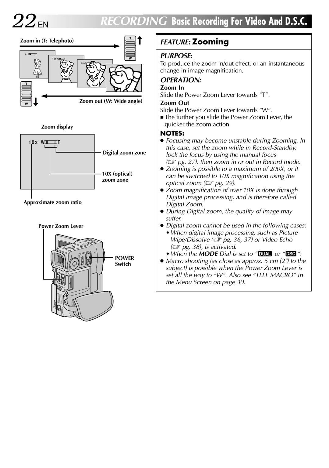 JVC GR-DVM90 specifications 22 EN, Slide the Power Zoom Lever towards T, Zoom Out 