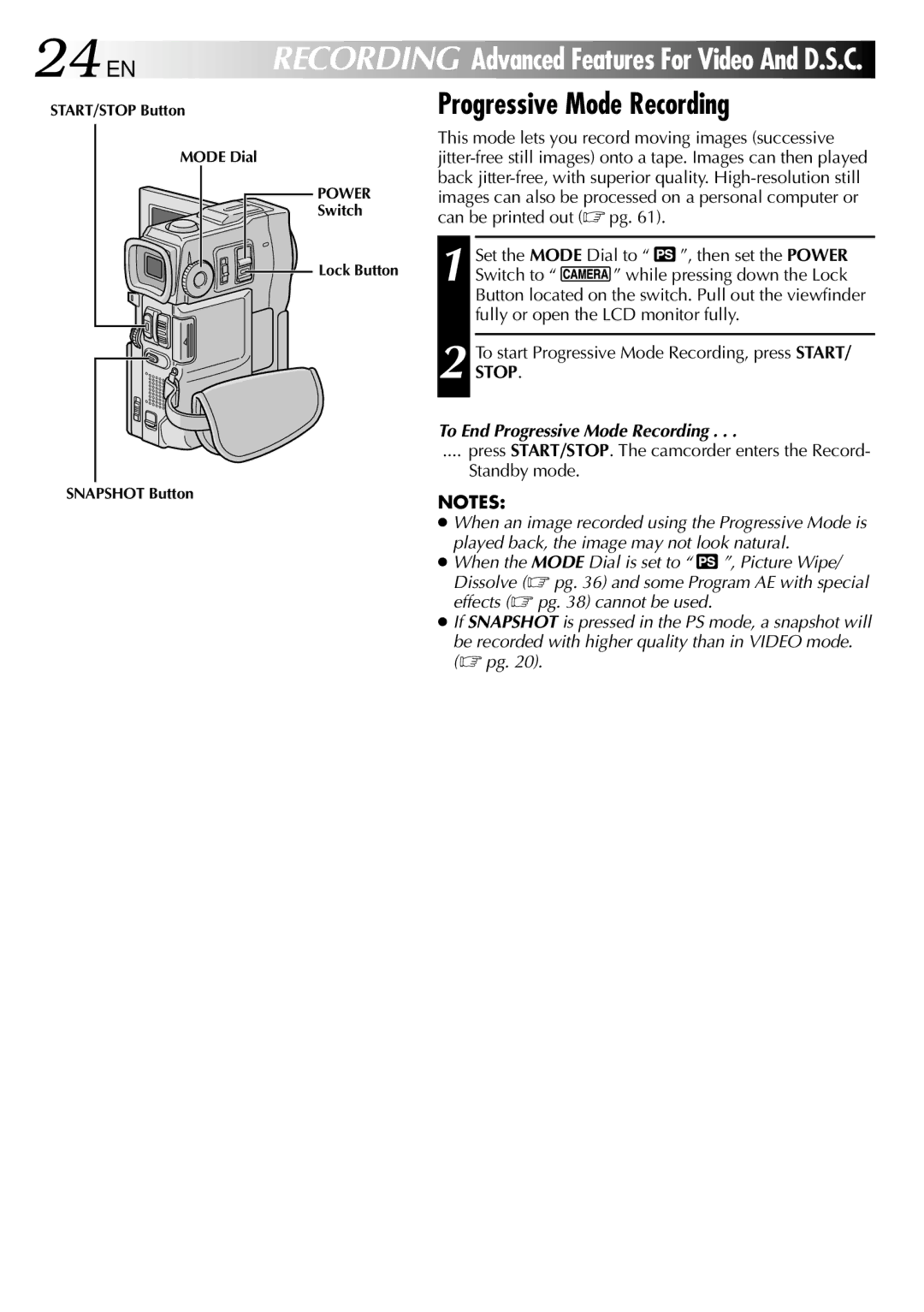 JVC GR-DVM90 specifications To End Progressive Mode Recording 