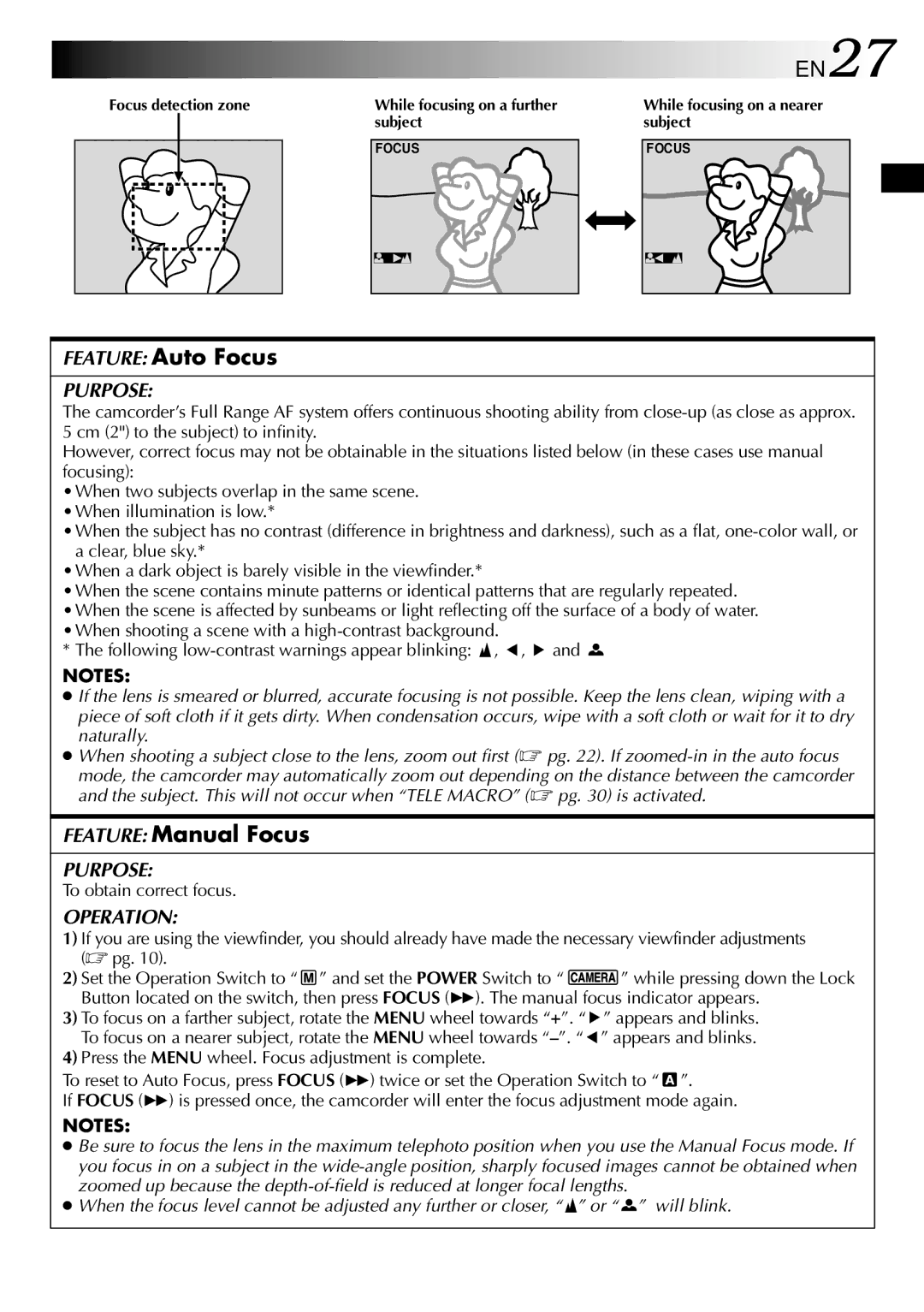 JVC GR-DVM90 specifications EN27, Feature Auto Focus, Feature Manual Focus, To obtain correct focus 