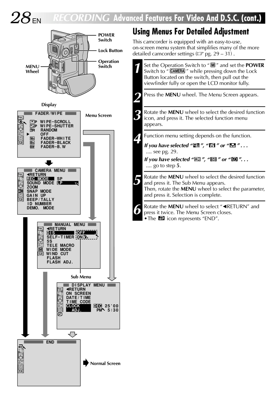 JVC GR-DVM90 specifications Using Menus For Detailed Adjustment, If you have selected , or, See pg 