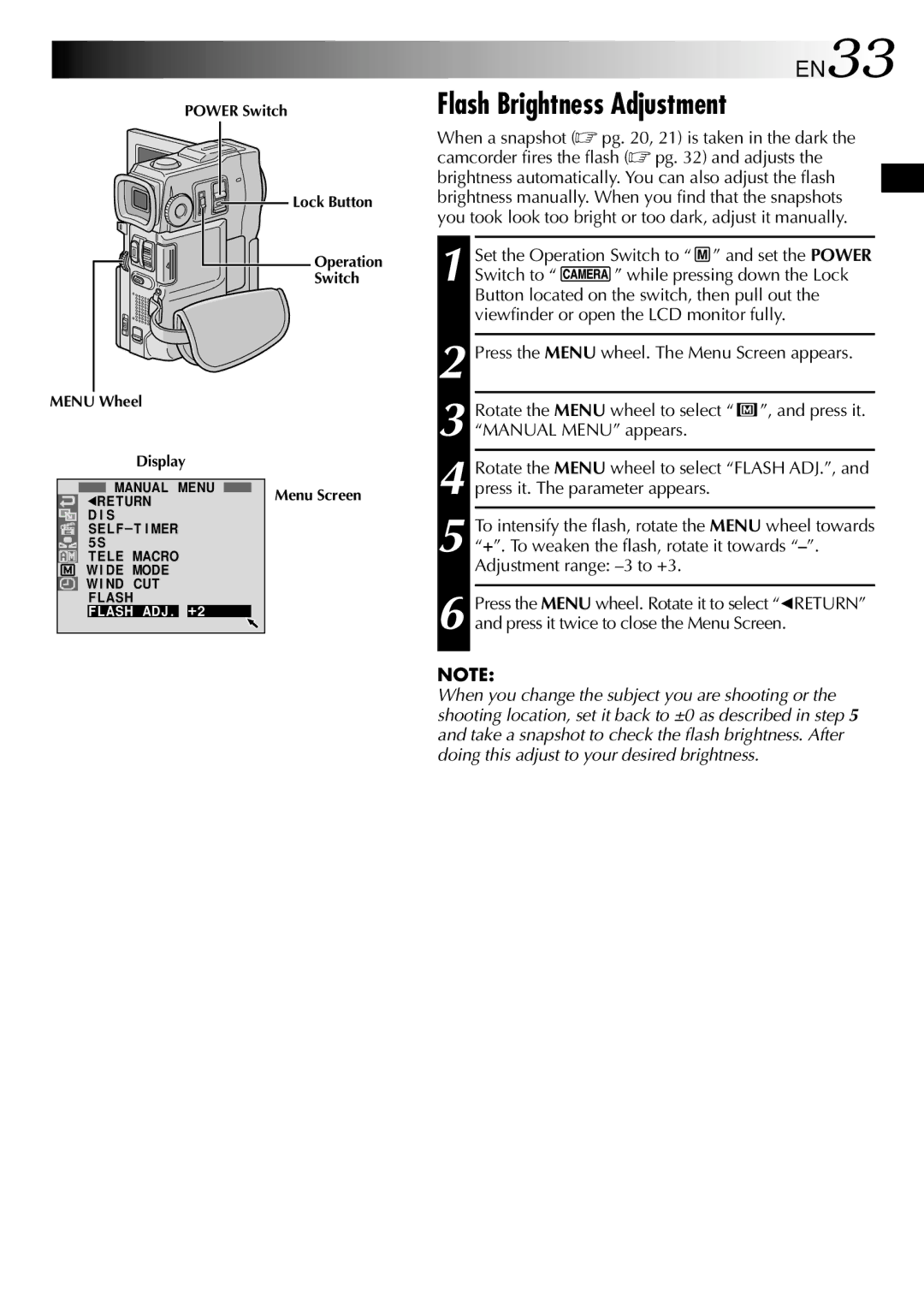 JVC GR-DVM90 specifications Flash Brightness Adjustment, EN33 