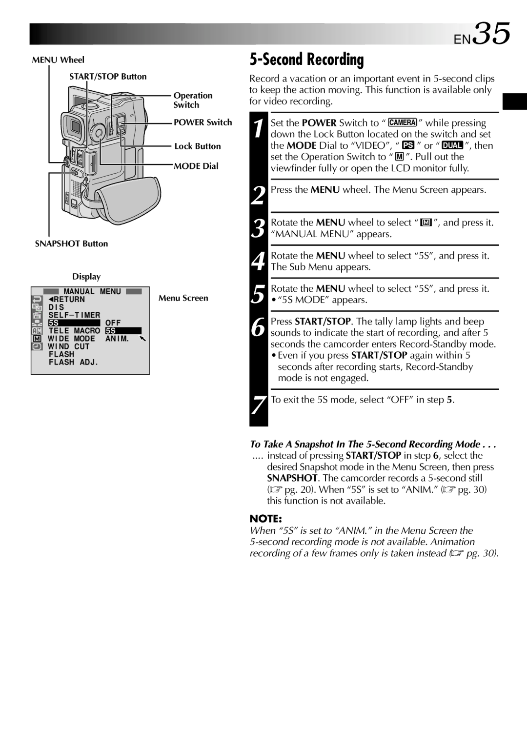 JVC GR-DVM90 specifications Second Recording, EN35, Mode Dial to Video 