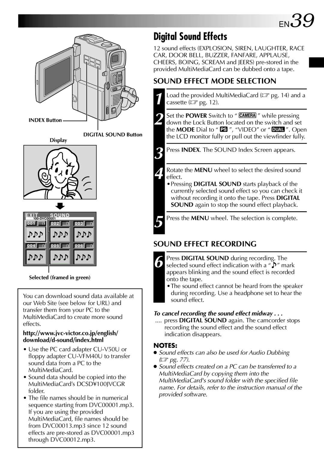 JVC GR-DVM90 specifications Digital Sound Effects, EN39, Sound Effect Mode Selection, Sound Effect Recording 