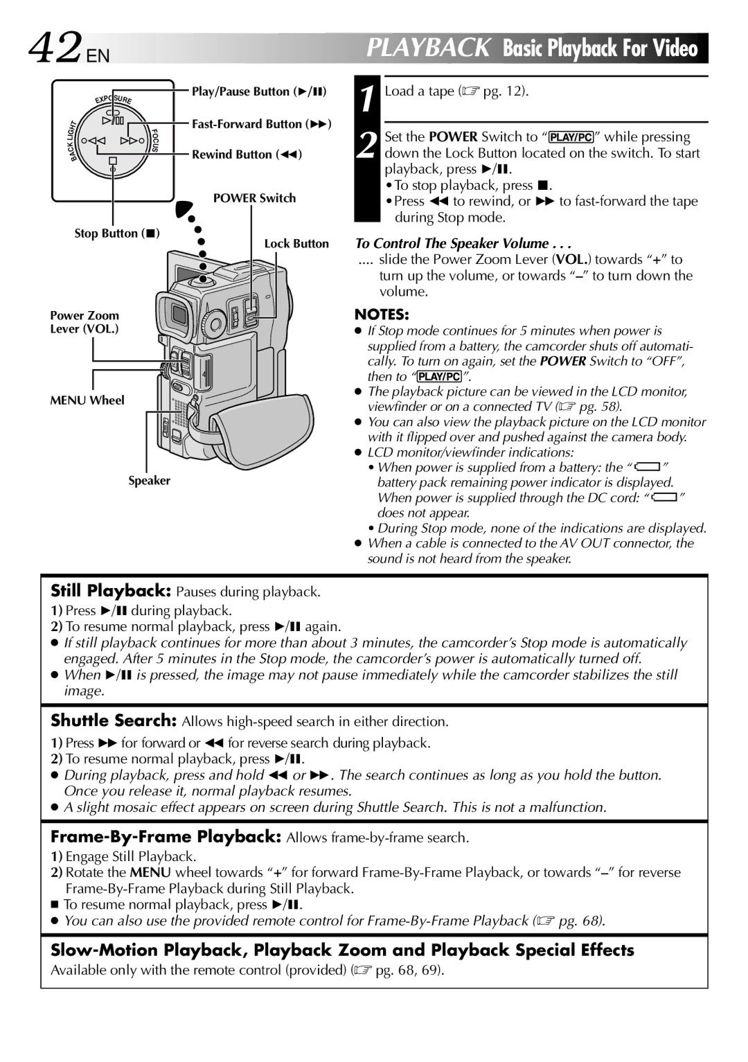 JVC GR-DVM90 specifications To Control The Speaker Volume, Available only with the remote control provided  pg 