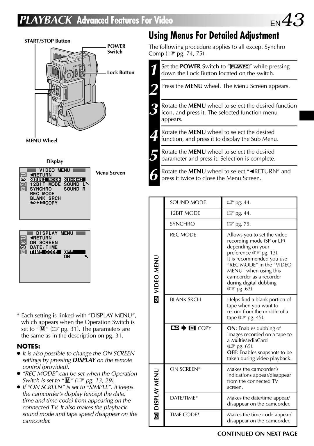 JVC GR-DVM90 EN43, Following procedure applies to all except Synchro Comp  pg, Each setting is linked with Display Menu 