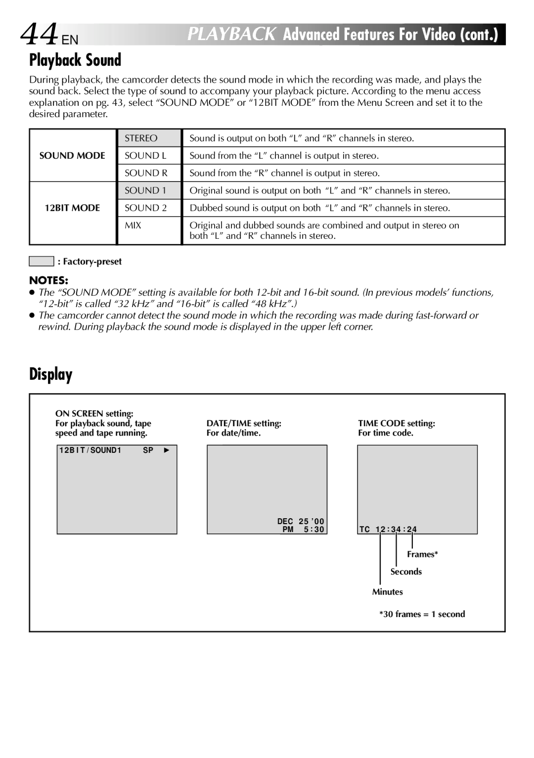 JVC GR-DVM90 specifications 44 EN, Playback Sound, Display 