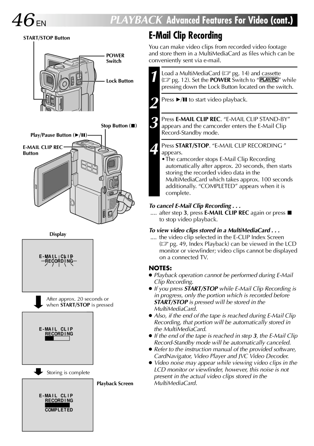 JVC GR-DVM90 specifications 46 EN, To cancel E-Mail Clip Recording 