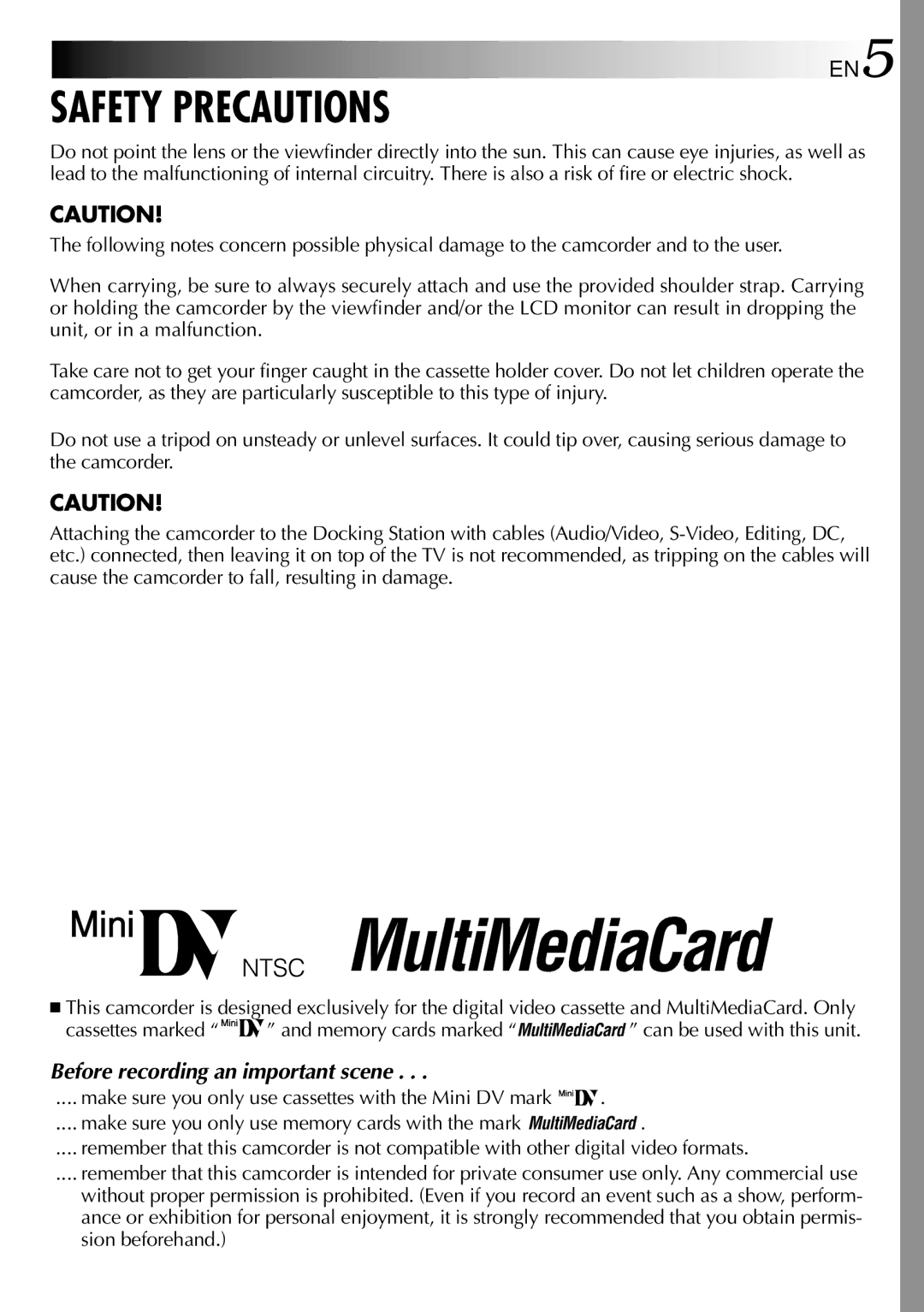 JVC GR-DVM90 specifications Safety Precautions, Make sure you only use cassettes with the Mini DV mark 