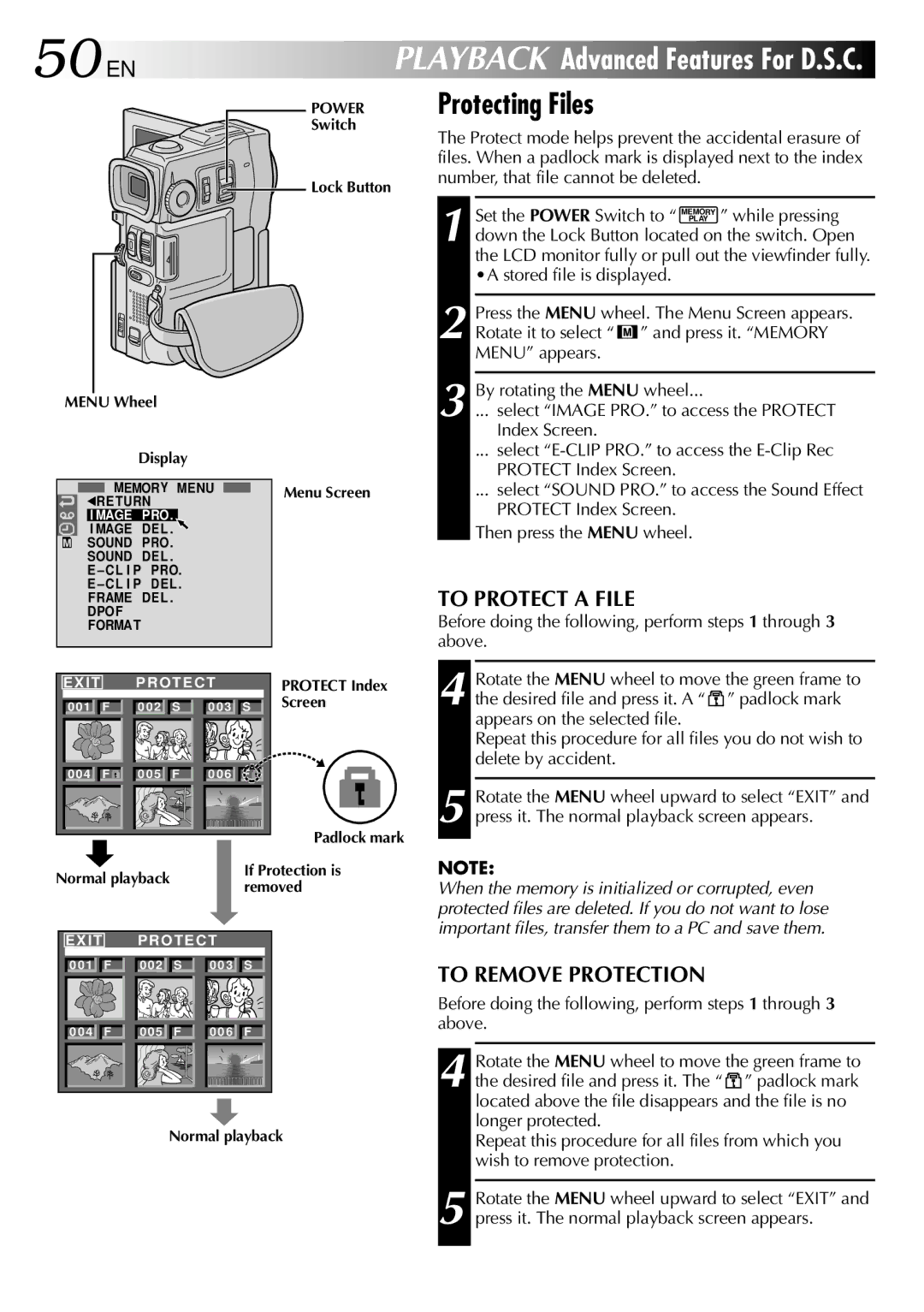 JVC GR-DVM90 specifications 50 EN, Protecting Files, To Protect a File, To Remove Protection 