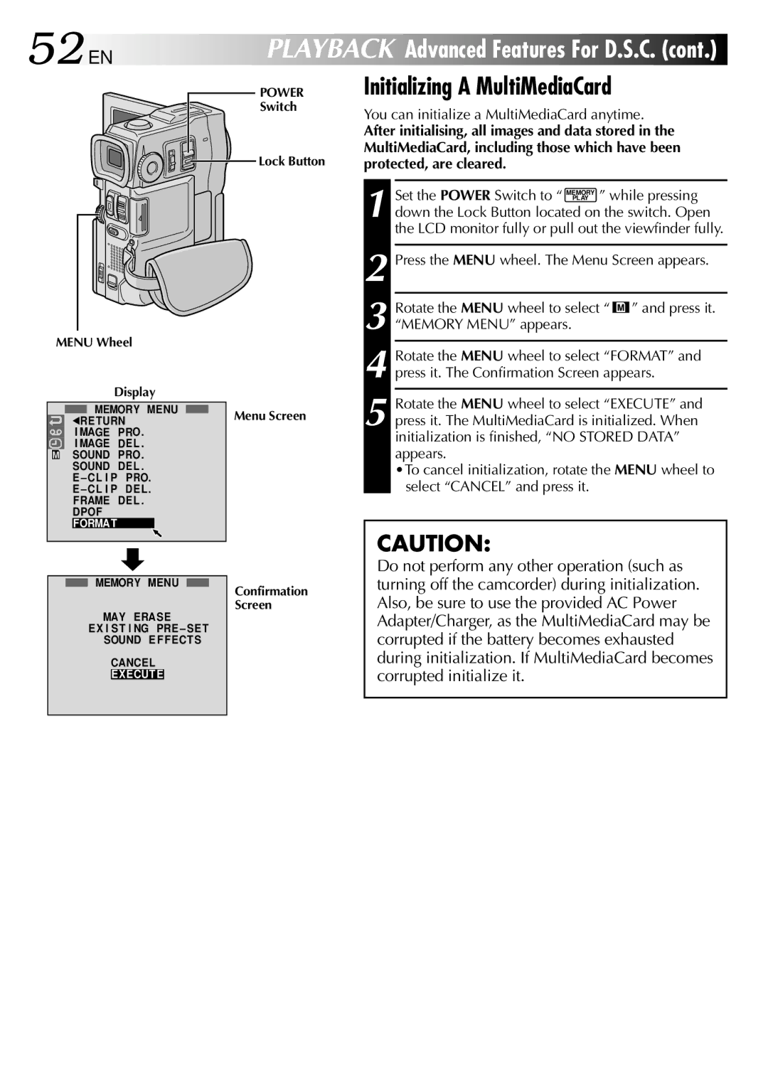 JVC GR-DVM90 specifications 52 EN, Initializing a MultiMediaCard, You can initialize a MultiMediaCard anytime 