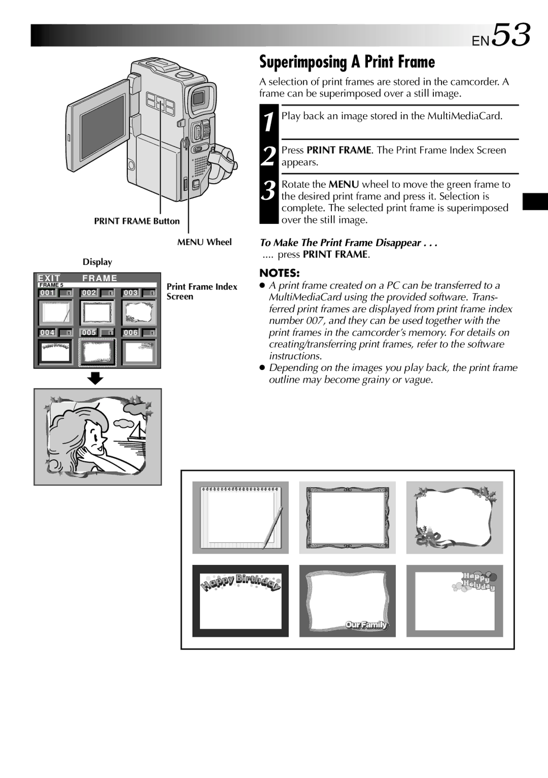 JVC GR-DVM90 specifications Superimposing a Print Frame, EN53, To Make The Print Frame Disappear, Press Print Frame 