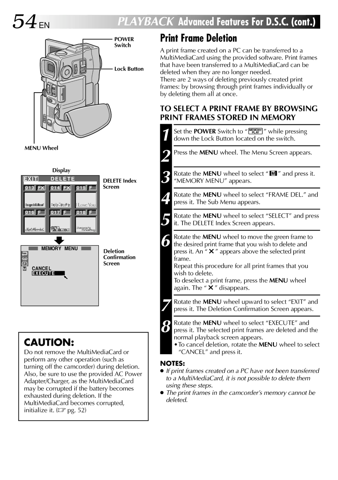 JVC GR-DVM90 specifications 54 EN, Print Frame Deletion, Down the Lock Button located on the switch 