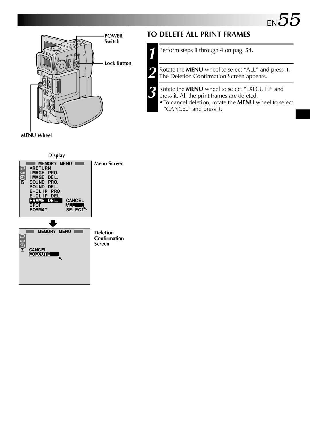 JVC GR-DVM90 specifications EN55, To Delete ALL Print Frames, Perform steps 1 through 4 on pag 