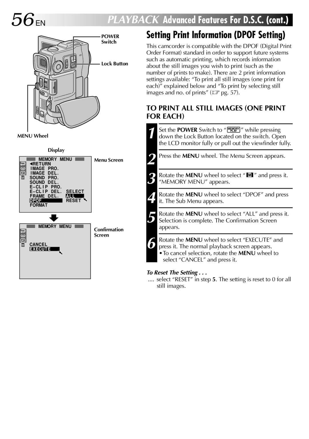 JVC GR-DVM90 specifications 56 EN, Setting Print Information Dpof Setting, To Print ALL Still Images ONE Print for Each 