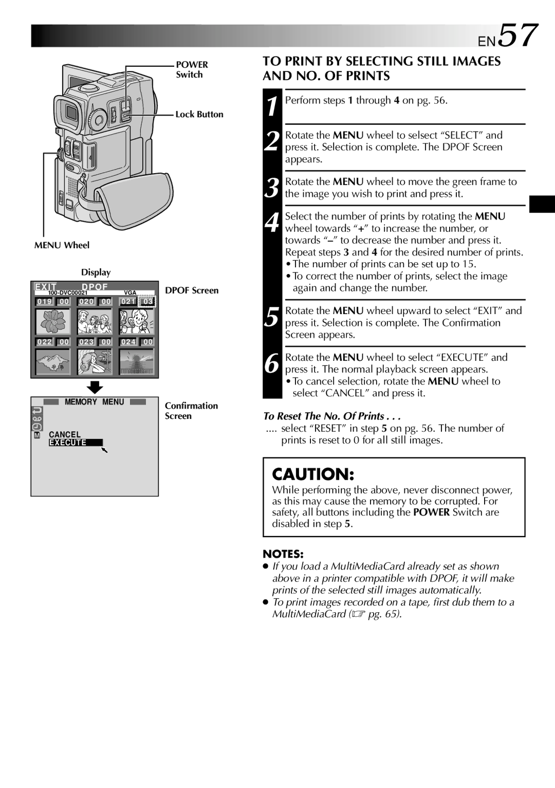 JVC GR-DVM90 specifications EN57, To Print by Selecting Still Images and NO. of Prints, To Reset The No. Of Prints 