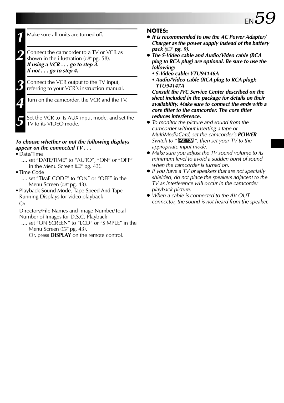 JVC GR-DVM90 specifications EN59, If using a VCR . . . go to step If not . . . go to step 