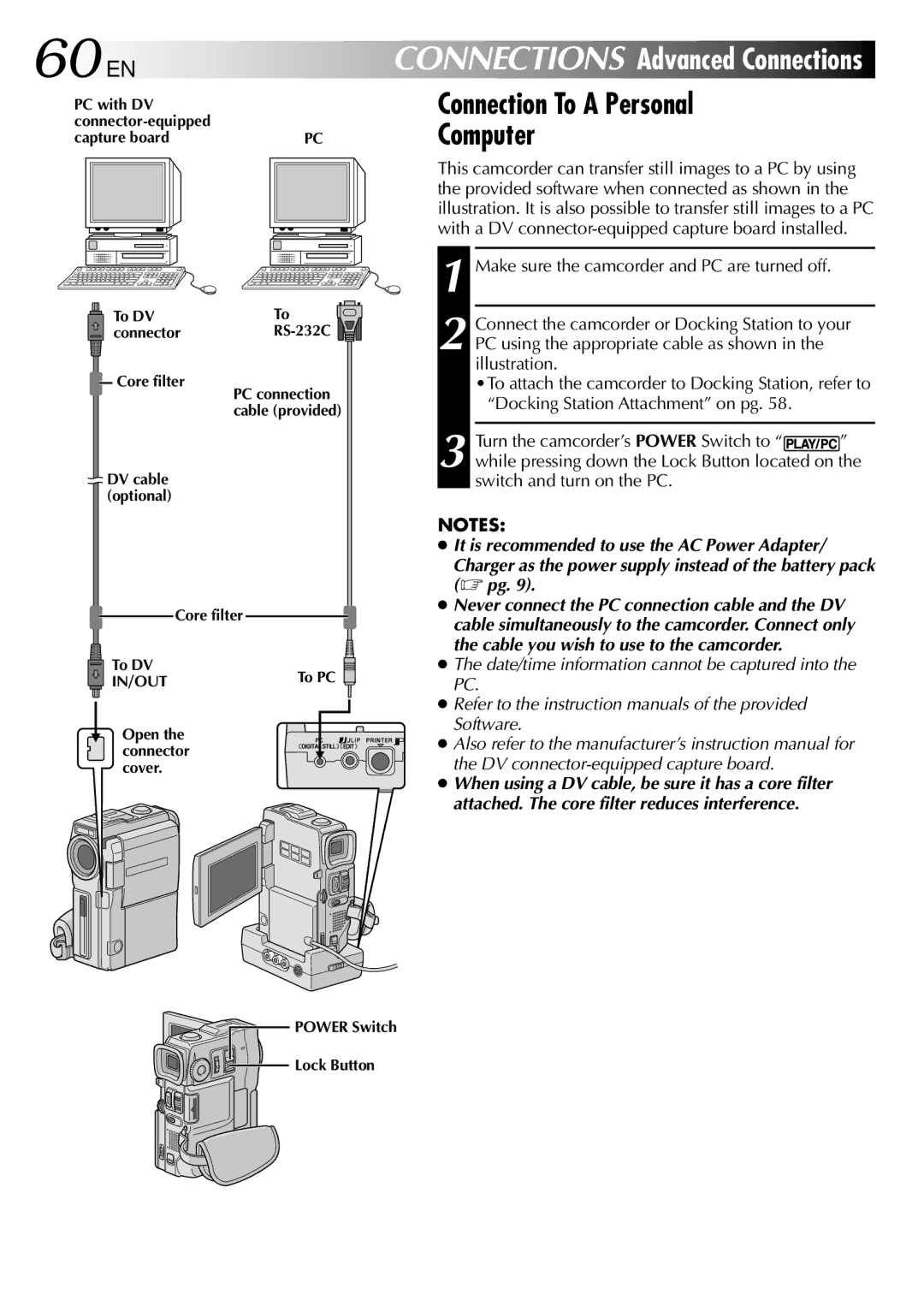 JVC GR-DVM90 specifications 60 EN, Connection To a Personal Computer 