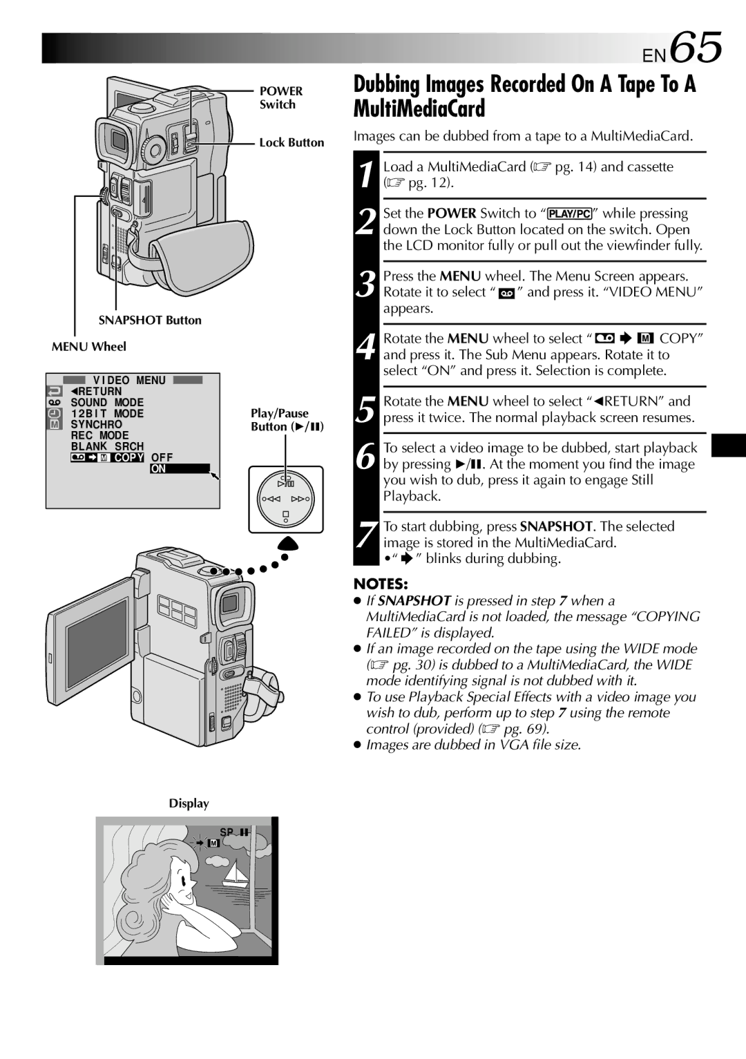 JVC GR-DVM90 specifications Dubbing Images Recorded On a Tape To a MultiMediaCard, EN65 