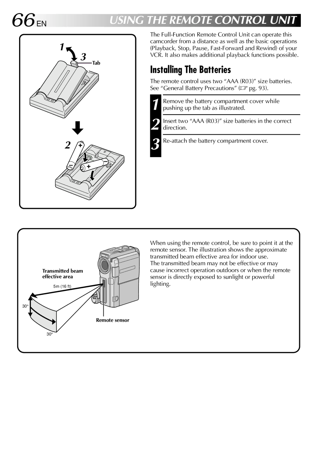 JVC GR-DVM90 specifications 66 EN, Installing The Batteries, Re-attach the battery compartment cover 