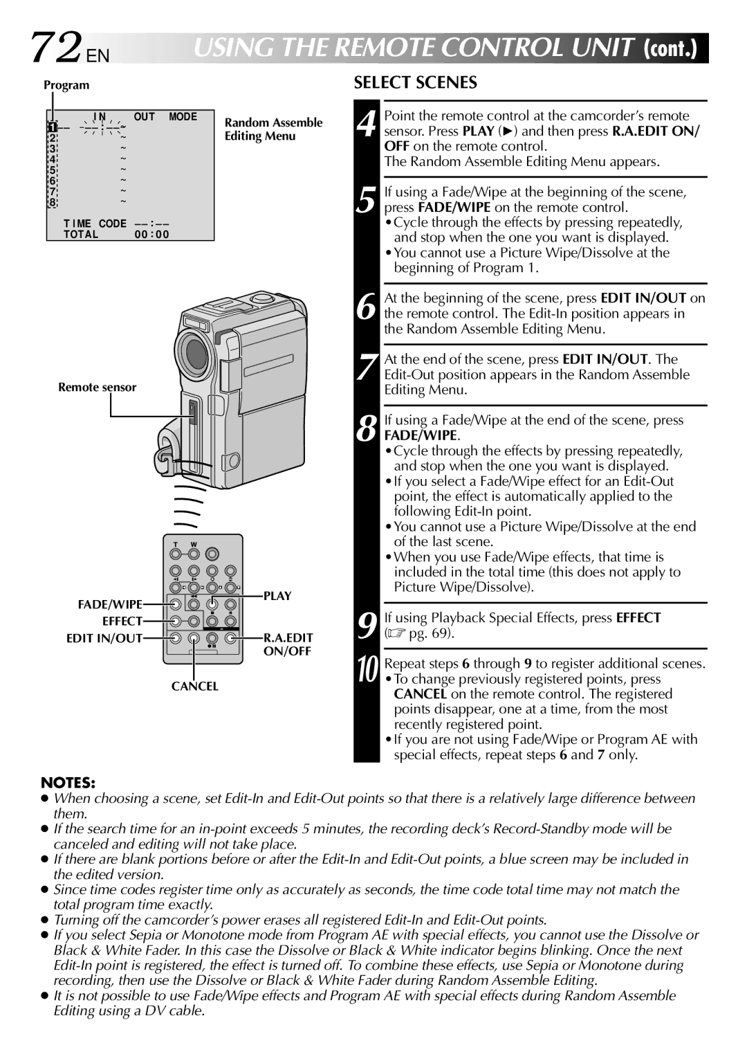 JVC GR-DVM90 specifications 72 EN, Select Scenes 