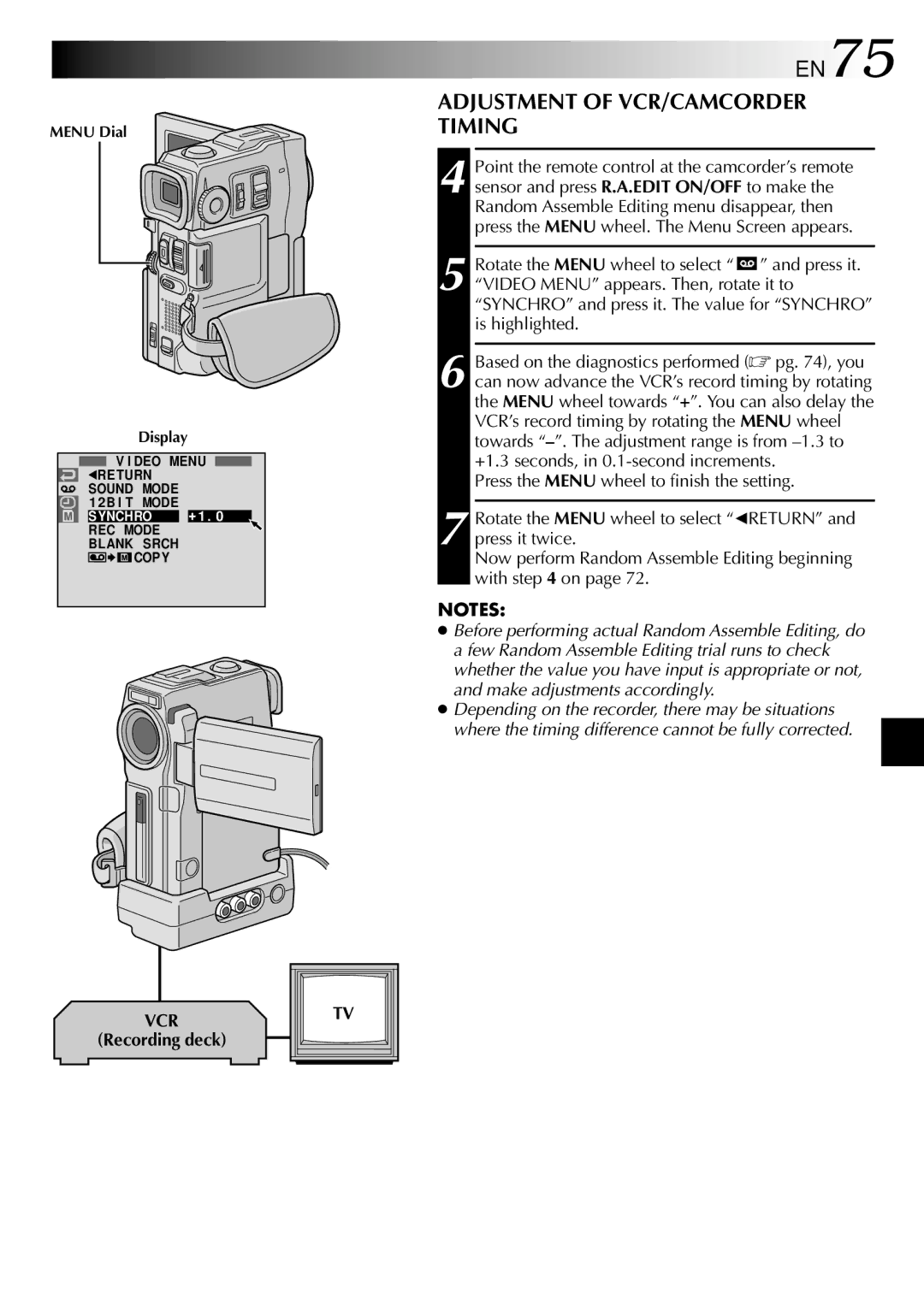 JVC GR-DVM90 specifications EN75, Adjustment of VCR/CAMCORDER Timing 