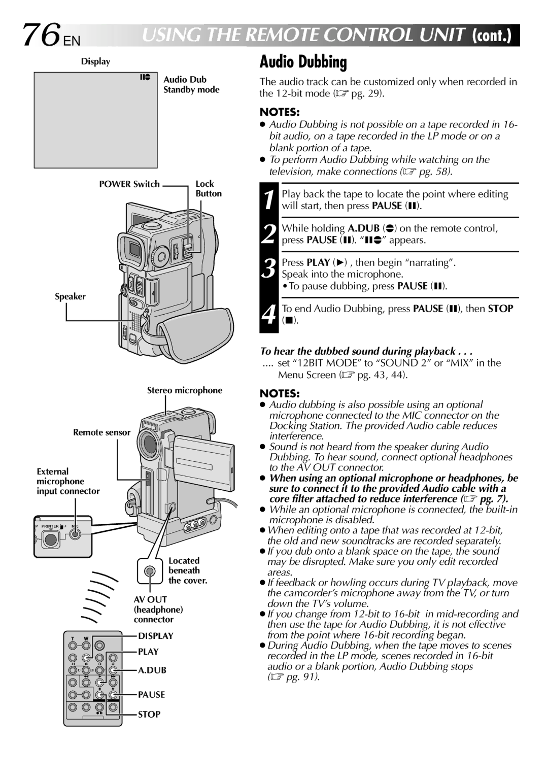 JVC GR-DVM90 specifications 76 EN, Audio Dubbing, To hear the dubbed sound during playback 