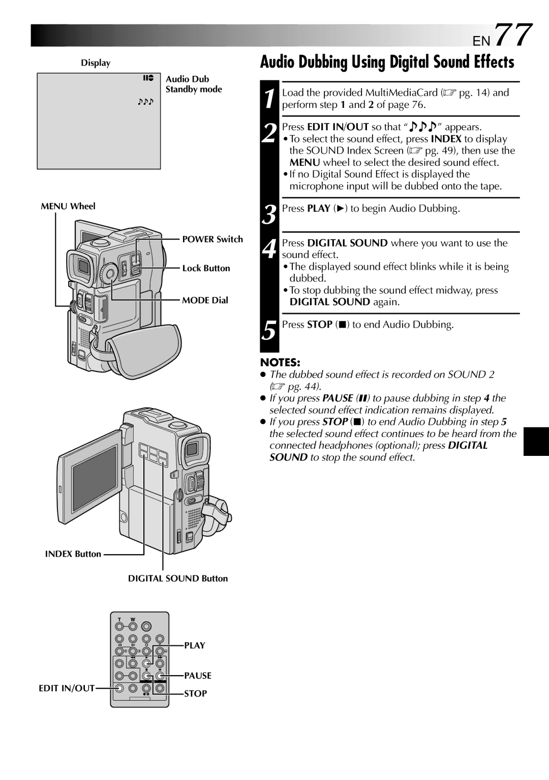 JVC GR-DVM90 specifications EN77, Audio Dubbing Using Digital Sound Effects 