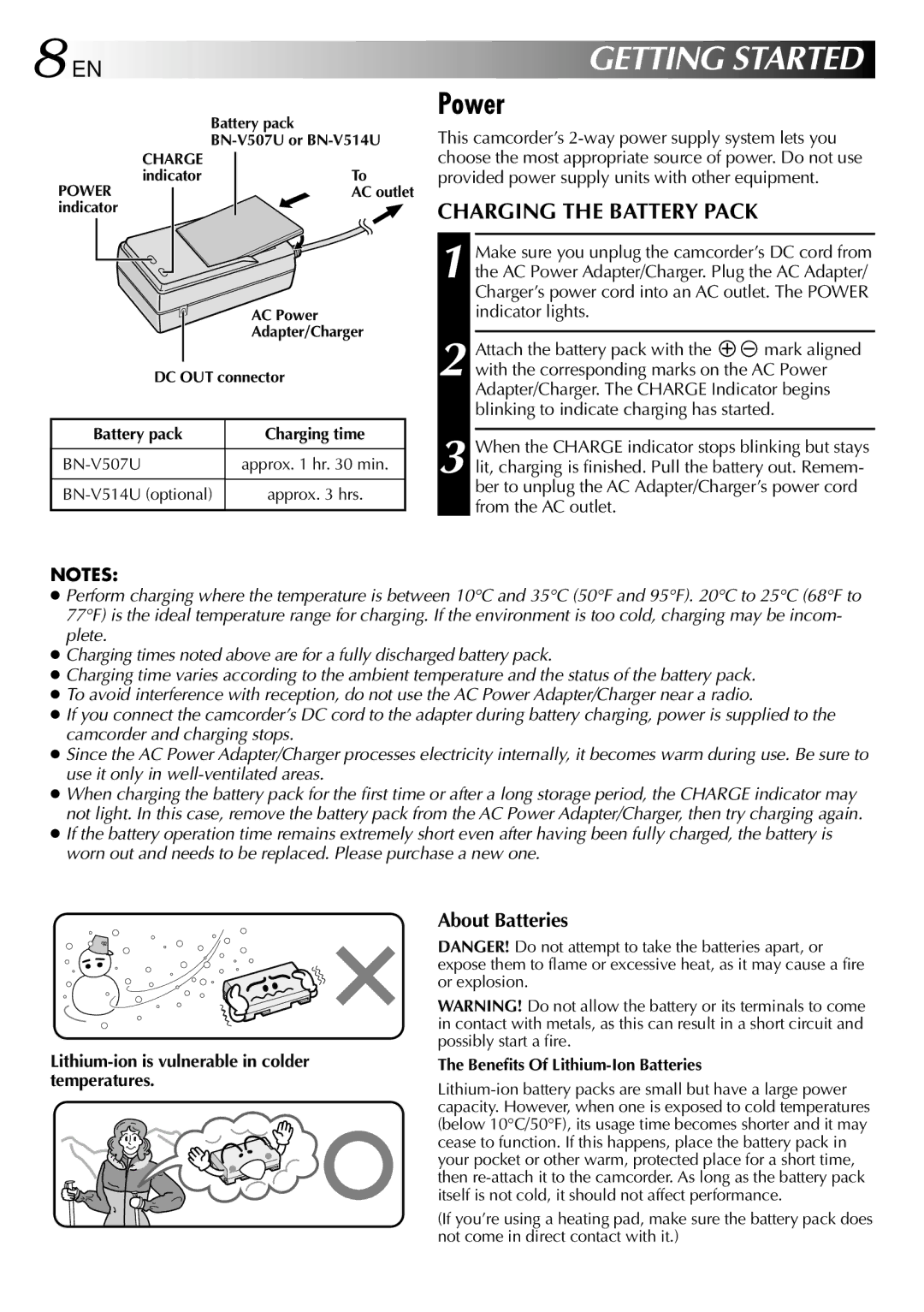 JVC GR-DVM90 Power, Charging the Battery Pack, About Batteries, Lithium-ion is vulnerable in colder temperatures 