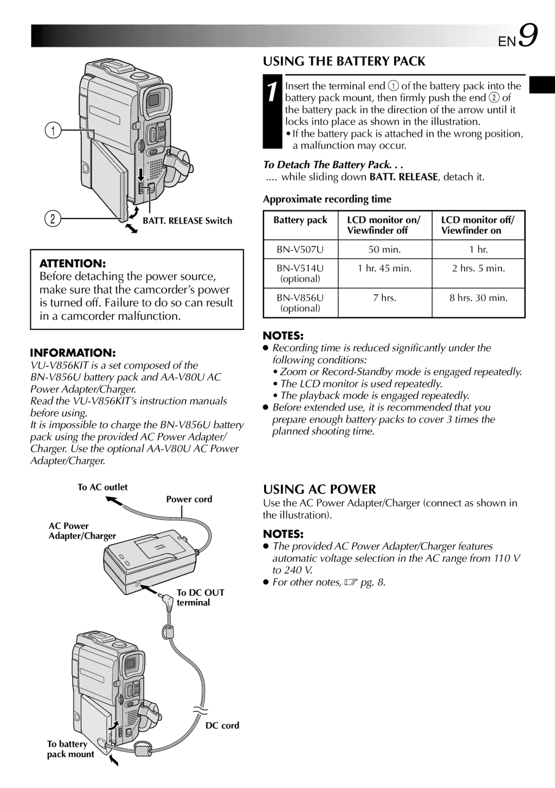 JVC GR-DVM90 specifications Using the Battery Pack, Using AC Power, To Detach The Battery Pack, Approximate recording time 