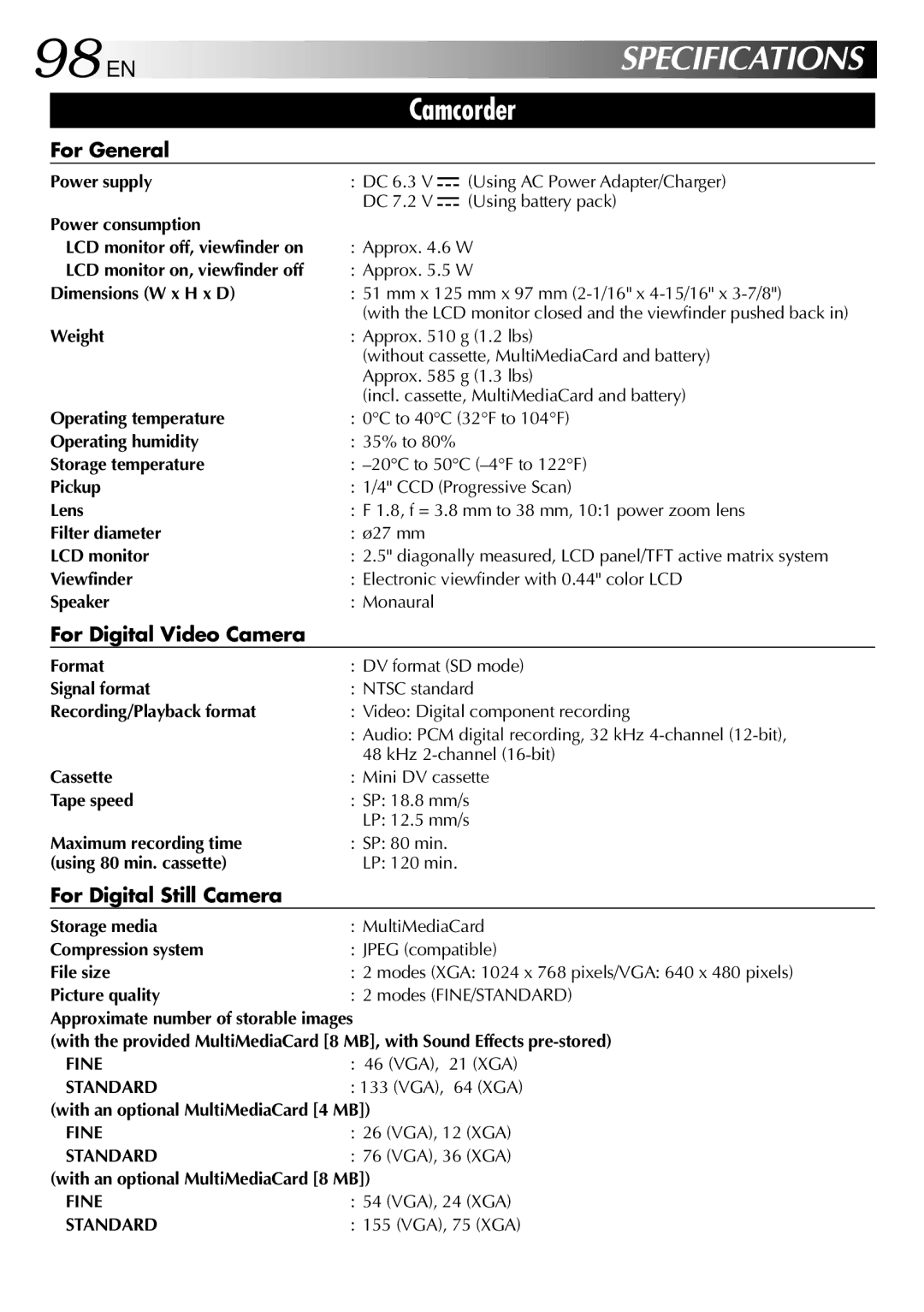 JVC GR-DVM90 specifications 98 EN, For General, For Digital Video Camera, For Digital Still Camera 