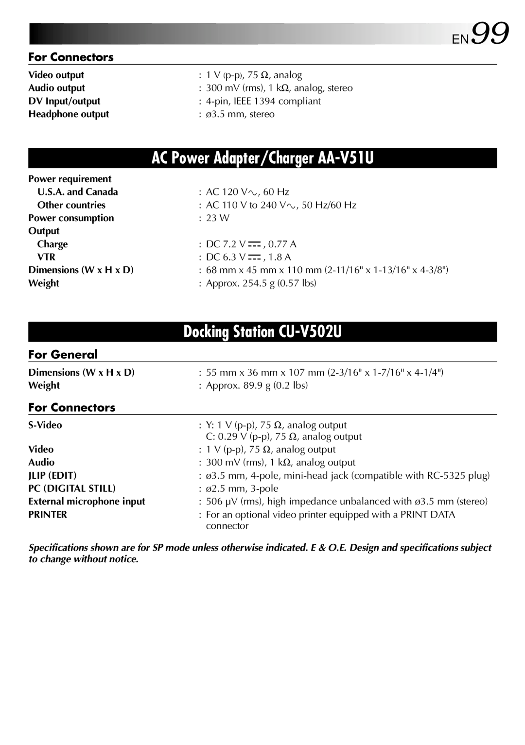 JVC GR-DVM90 specifications EN99, For Connectors 