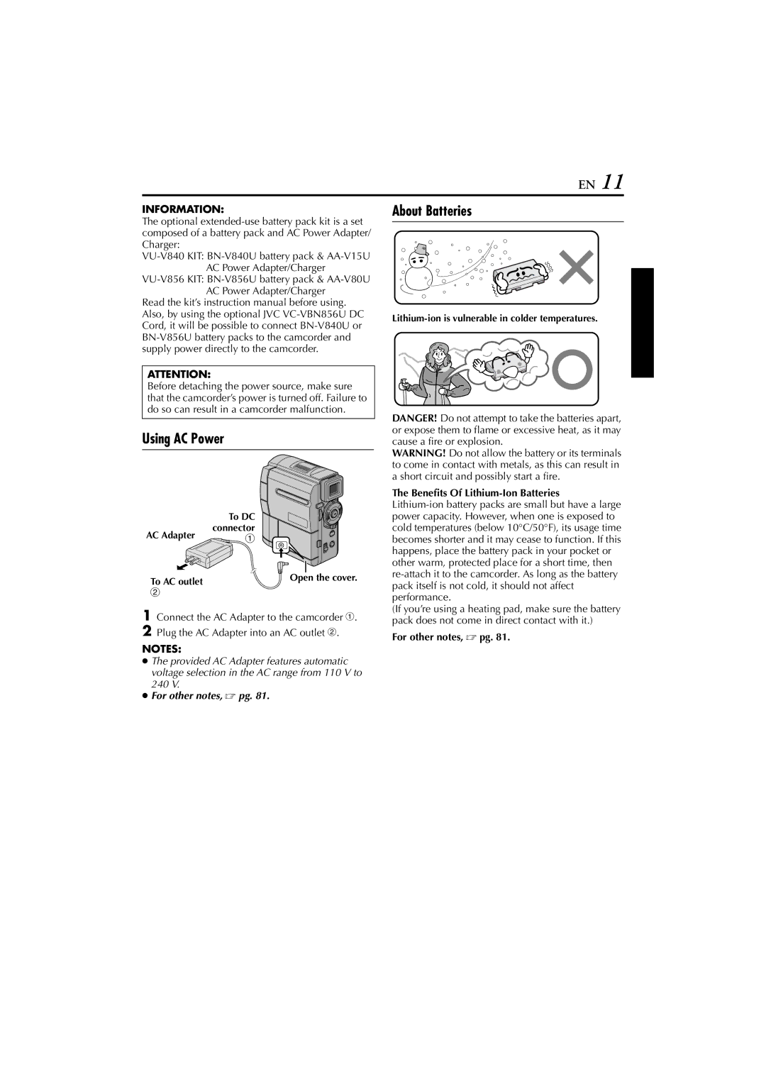 JVC GR-DVM96 instruction manual Using AC Power, About Batteries, For other notes,  pg 