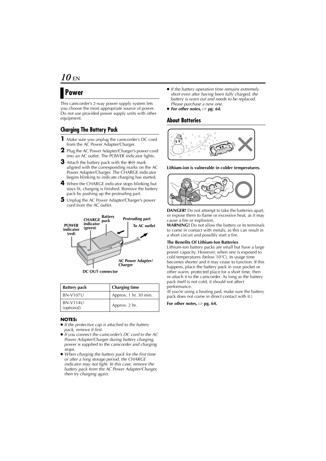 JVC GR-DVP10 manual 10 EN, Power, Charging The Battery Pack, About Batteries 