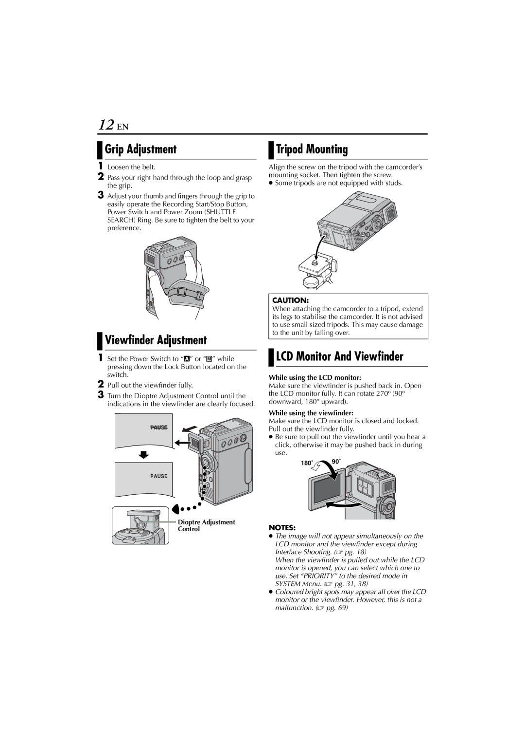 JVC GR-DVP10 manual 12 EN, Grip Adjustment, Viewfinder Adjustment, Tripod Mounting 