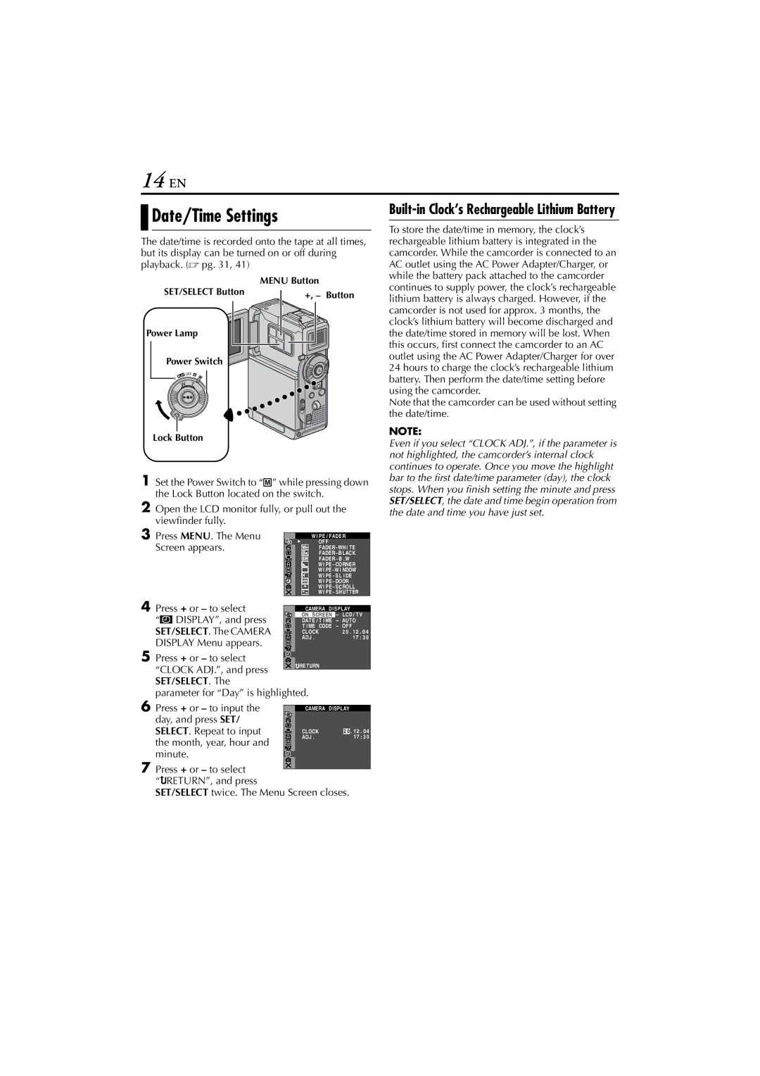 JVC GR-DVP10 manual 14 EN, Date/Time Settings 