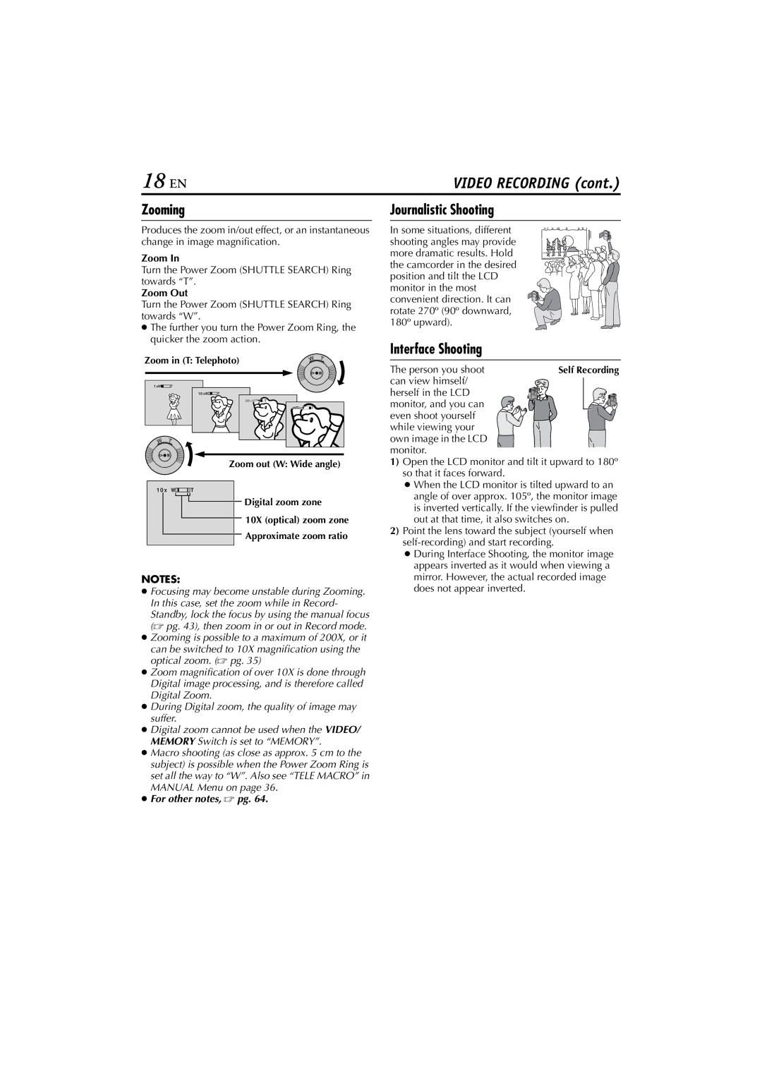 JVC GR-DVP10 manual 18 EN, Zooming, Journalistic Shooting, Interface Shooting 