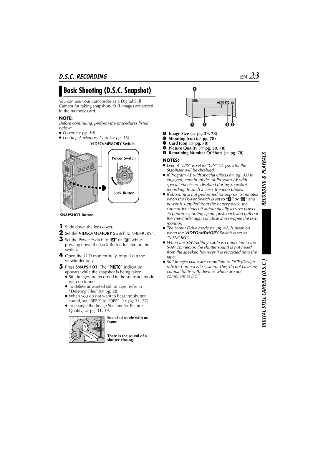 JVC GR-DVP10 manual Basic Shooting D.S.C. Snapshot, To change the Image Size and/or Picture Quality,  pg 