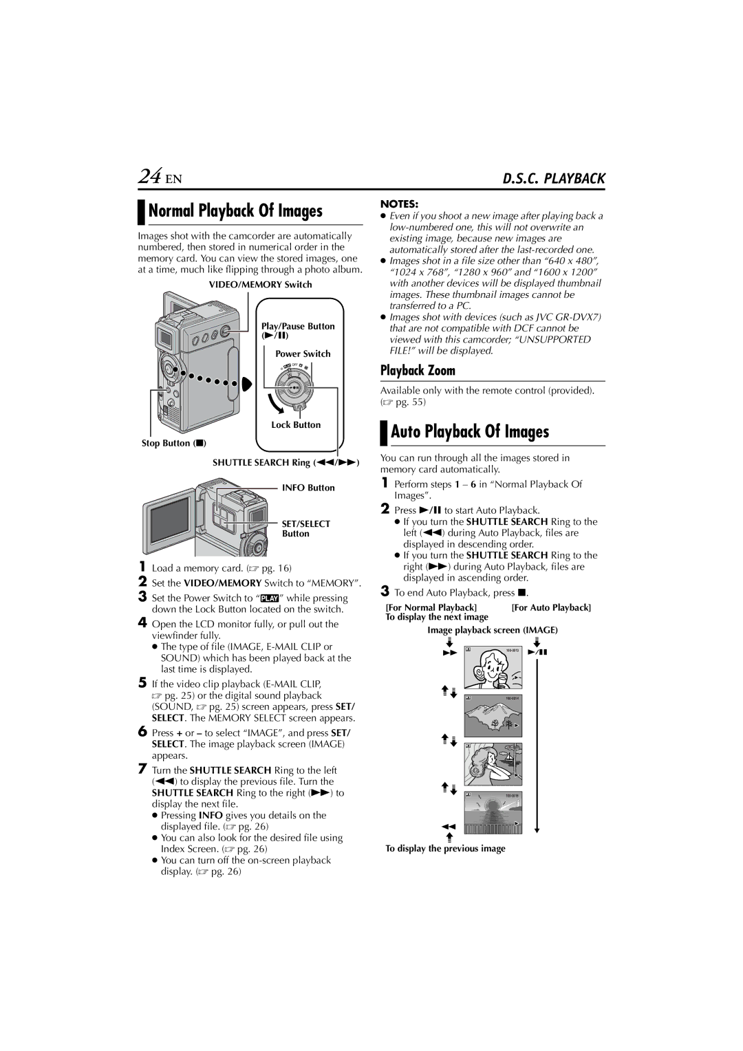 JVC GR-DVP10 manual 24 EN, Auto Playback Of Images, Available only with the remote control provided.  pg 