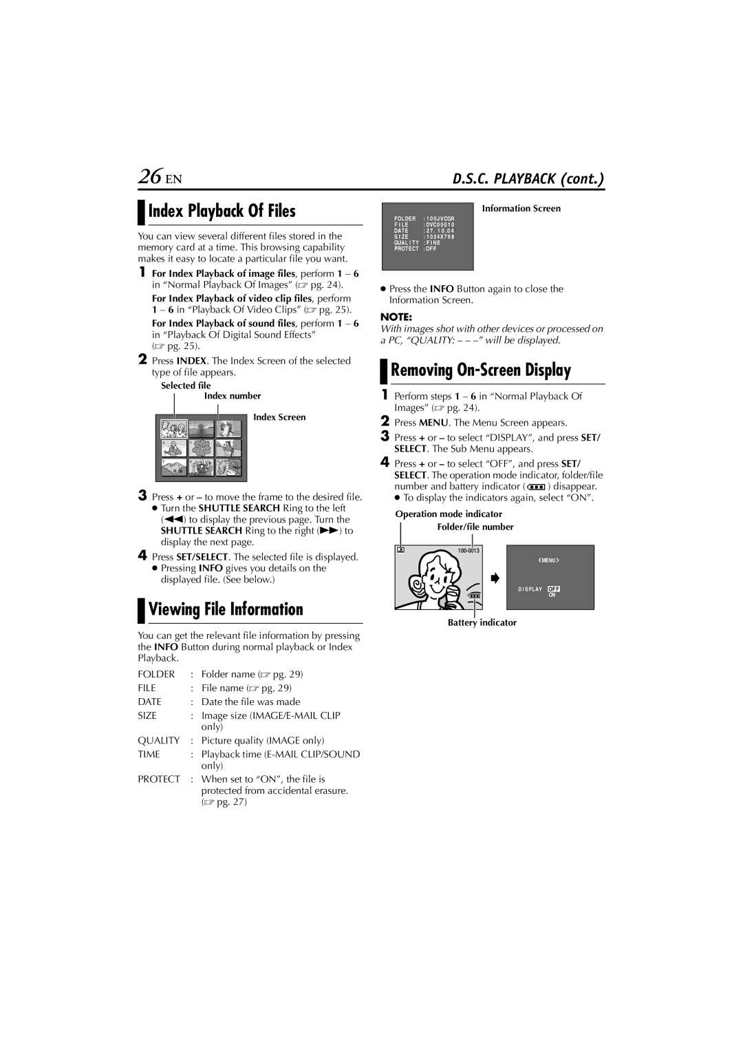 JVC GR-DVP10 26 EN, Index Playback Of Files, Viewing File Information, For Index Playback of video clip files, perform 