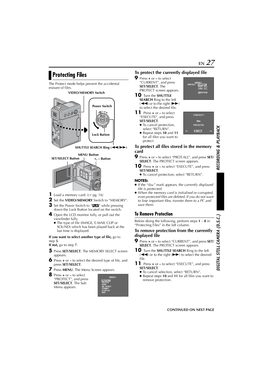 JVC GR-DVP10 manual To Remove Protection, To protect the currently displayed file, Card 