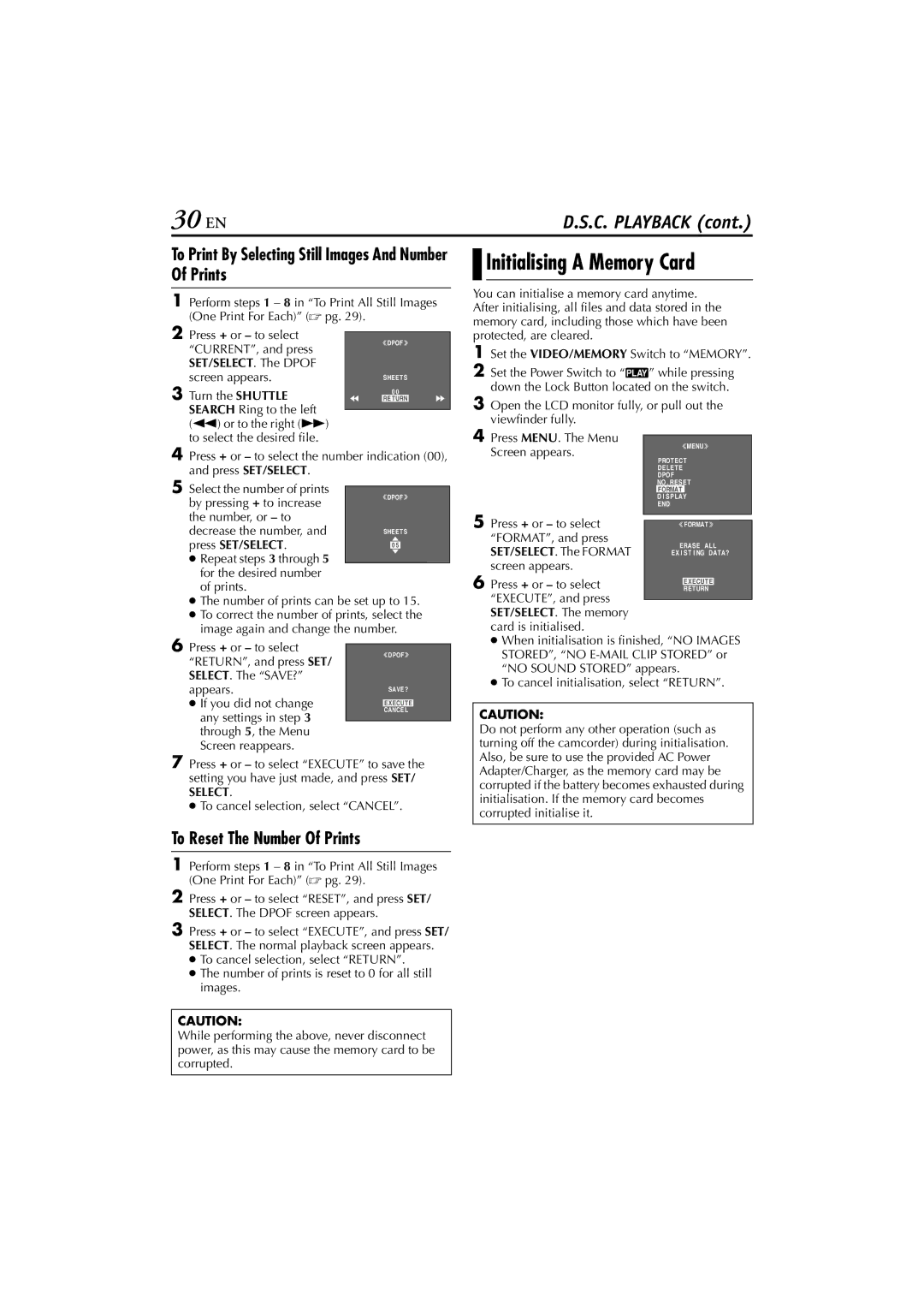 JVC GR-DVP10 manual 30 EN, Initialising a Memory Card, To Print By Selecting Still Images And Number Of Prints 