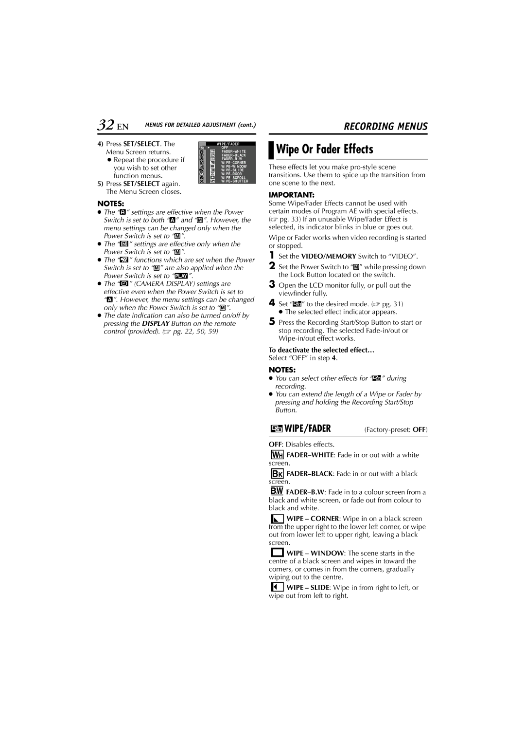 JVC GR-DVP10 manual 32 EN, Wipe Or Fader Effects, Wipe/Fader, To deactivate the selected effect…, Select OFF in step 