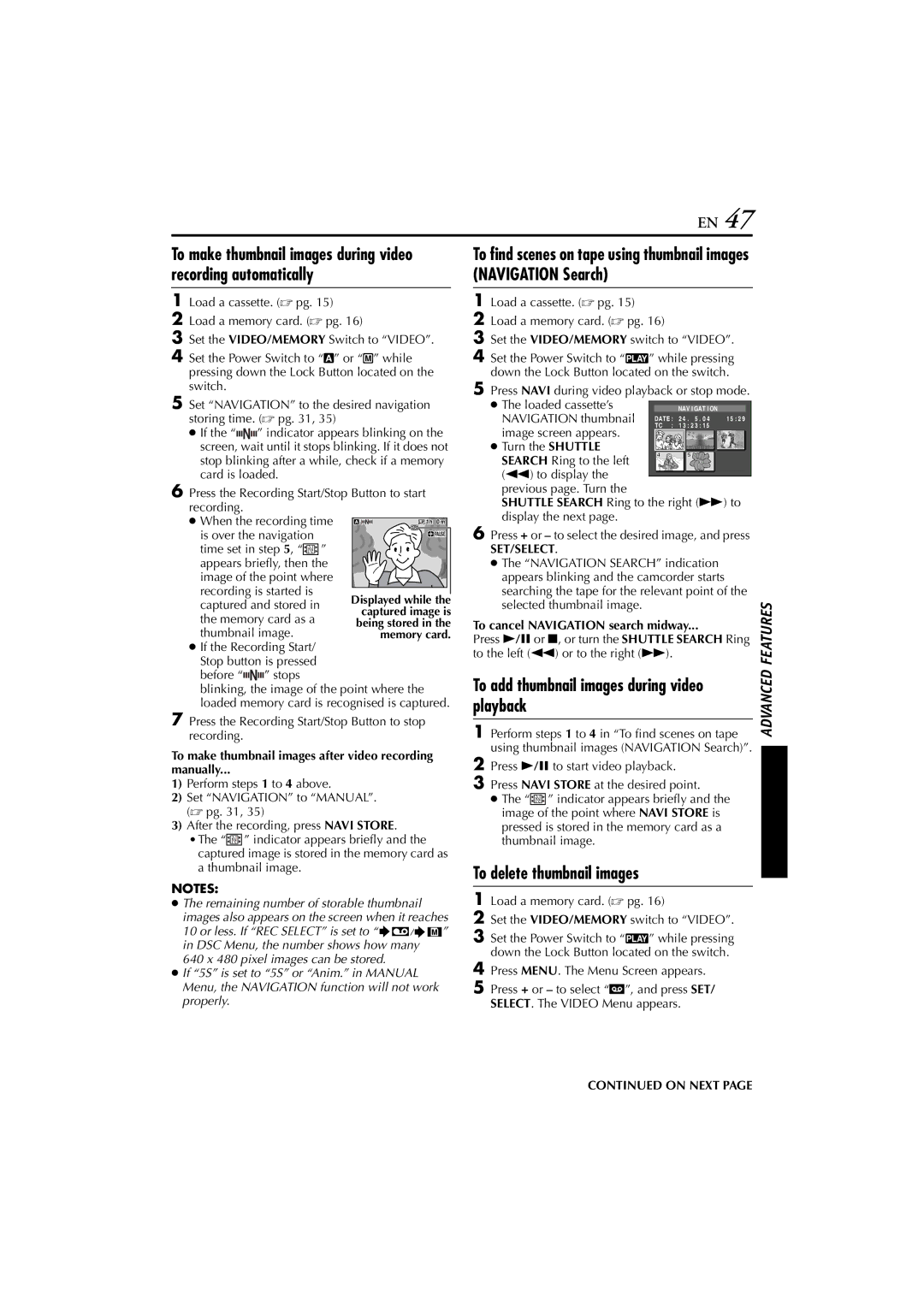 JVC GR-DVP10 manual To add thumbnail images during video playback, To delete thumbnail images 