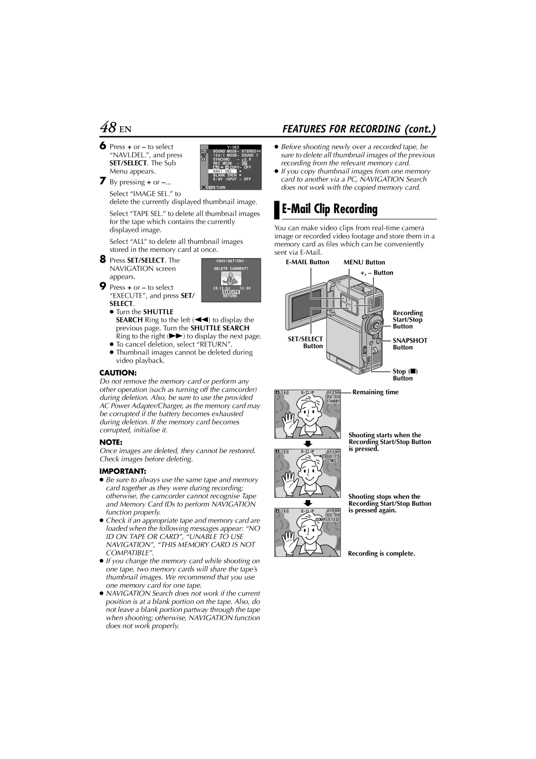 JVC GR-DVP10 manual 48 EN, Mail Clip Recording, Press SET/SELECT. The Navigation screen appears 