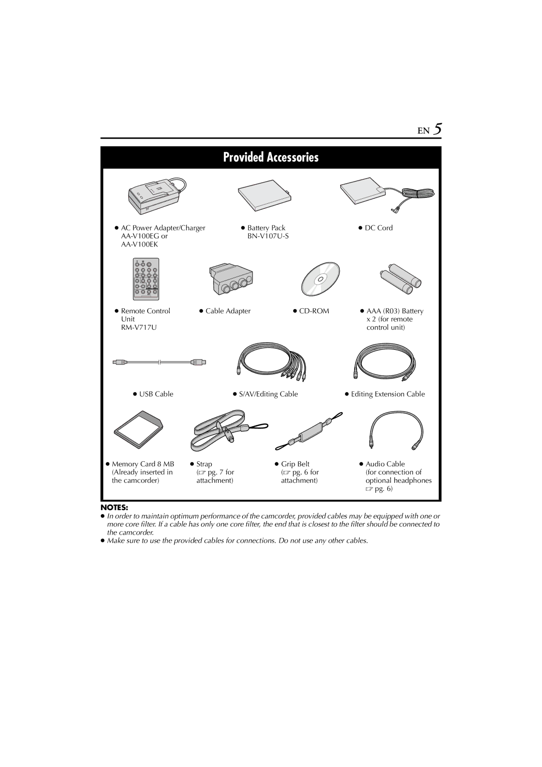 JVC GR-DVP10 manual Provided Accessories,  pg 